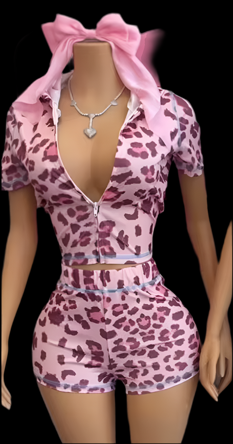 Leopard Printed Zipper Hooded Suit