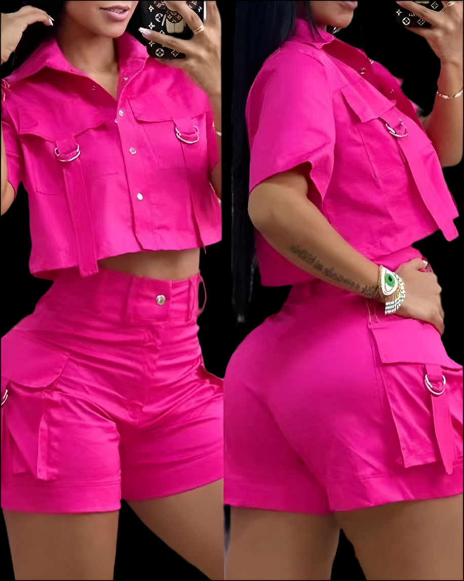 Solid Color Pocket Design Overall Suit