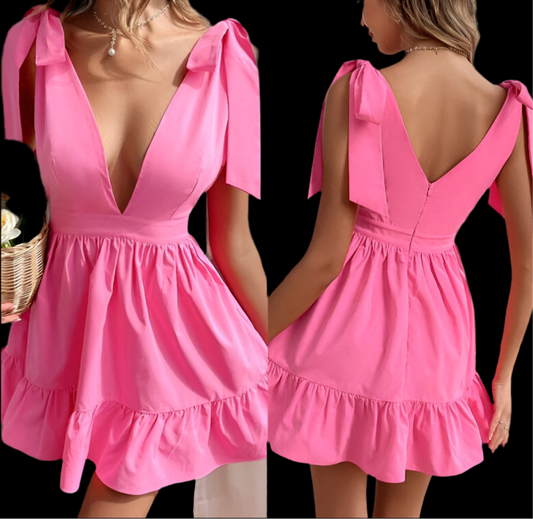 V-Neck Solid Color Dress