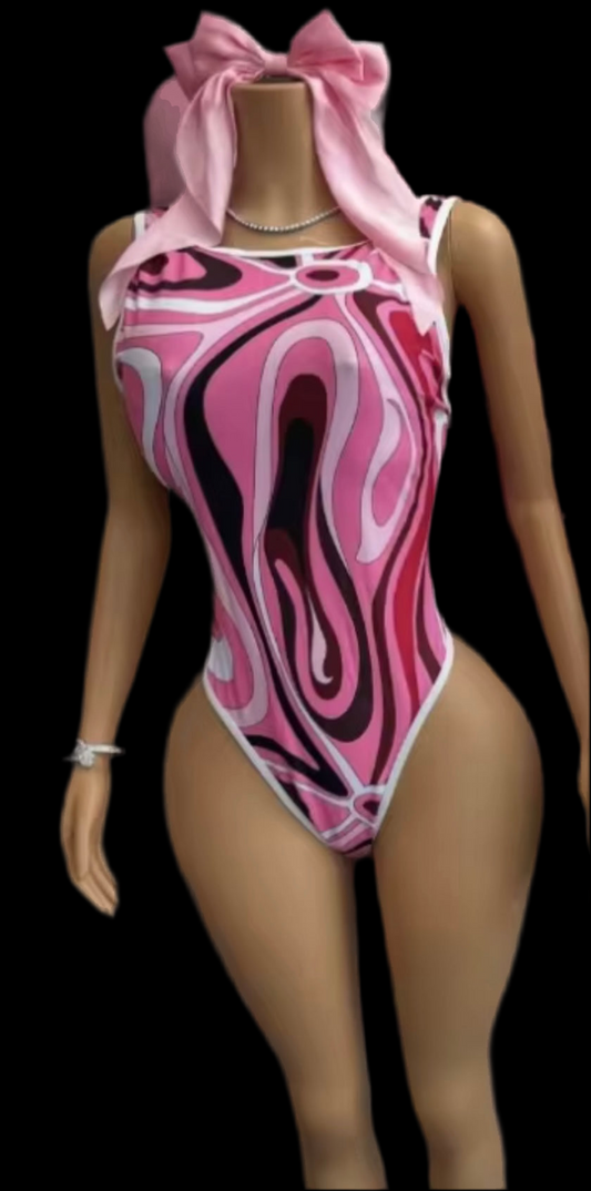 Pink Swirl One Piece With Tie Skirt