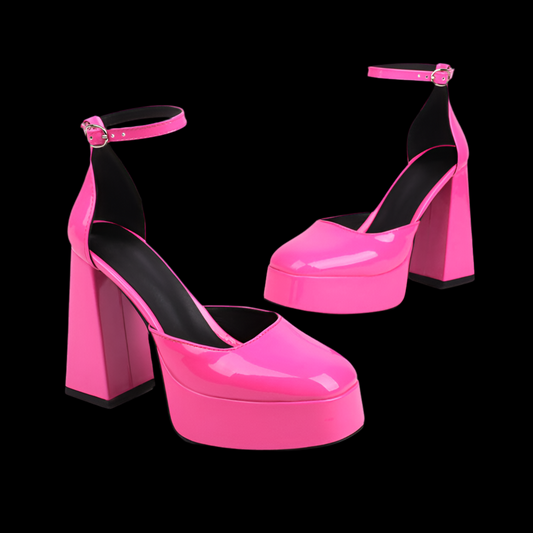 Leather Round Toe Waterproof Platform Thick High Heel